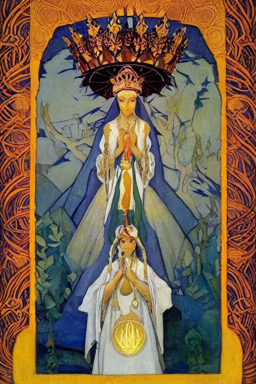 Image similar to lady of the forest with her crown and lantern, by Nicholas Roerich and Annie Swynnerton and Frederick Sandys, dramatic cinematic lighting , ornate headdress , flowing robes, sacred artifacts, lost civilizations, smooth, sharp focus, extremely detailed