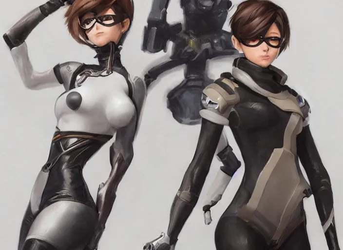 Prompt: a highly detailed beautiful portrait of tracer from overwatch as 2 b nier automata wearing a skintight suit!!, concept art!!, by gregory manchess, james gurney, james jean