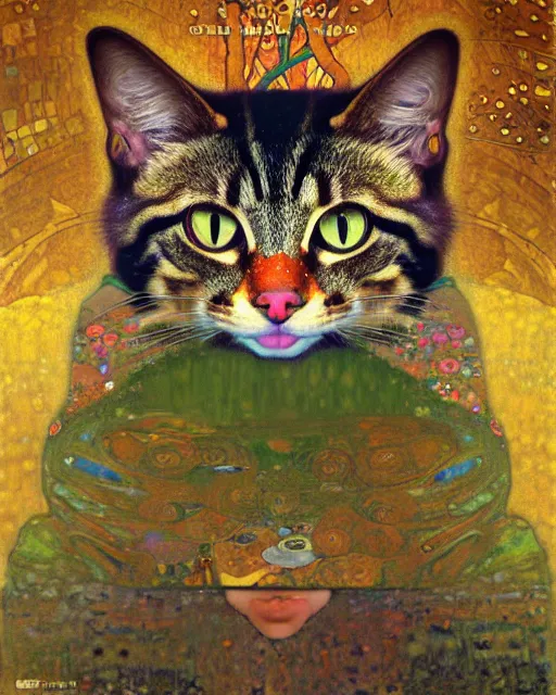 Image similar to wild forest cat portrait an oil painting splashes with many colors and shapes by gustav klimt greg rutkowski and alphonse mucha, polycount, generative art, psychedelic, fractalism, glitch art