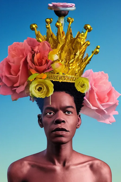 Image similar to milky quartz statue of a beautiful basquiat wearing a crown full of peach roses and reaching to the sky. rococo style scroll ribbon wirling across the sky, papyrus, background heavenly sky, marble, Trending on artstation. halo. octane render, cinematic, hyper realism, octane render, 8k, depth of field, 3D