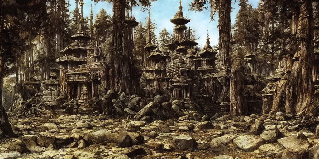 Prompt: a alien temple, by ivan shishkin, by james gurney, detailed, atmospheric, 8 k