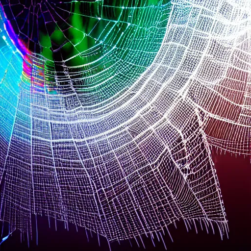 Prompt: hypnotic rainbow spider web with water drops on it. high details. volumetric lighting. high DOF. unreal engine. artstation trending. photorealistic