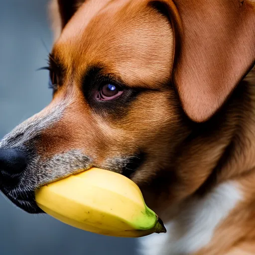 Prompt: A dog eating a banana, (EOS 5DS R, ISO100, f/8, 1/125, 84mm, postprocessed, crisp face, facial features)