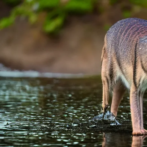 Image similar to close up photo of a rare thylacine, drinking water from a lake in tasmania, bokeh, 1 0 0 mm lens, 4 k award winning nature photography