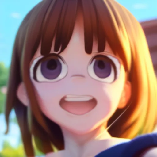 Prompt: A photorealistic portrait of Ochako Uraraka, a cute 3d cgi toon young woman, in the center midground, medium shot, mid-shot, hyperdetailed, 8k, trending on artstation, as a Pixar character