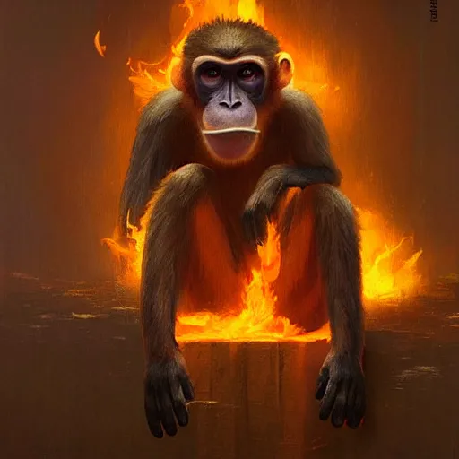 Prompt: anthropomorphic monkey drooling at the sight of fire, Greg Rutkowski
