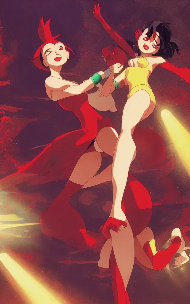 Image similar to jessica rabbit dancing in the spotlight. nime key visual of luffy studio lit directed gaze, trending on pixiv fanbox, painted by greg rutkowski makoto shinkai takashi takeuchi studio ghibli