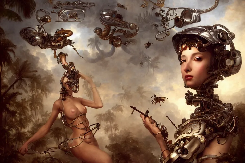 Image similar to an extreme close - up of a cyborg nymph wearing helmets of emperor charles v the wise playing with a giant insect surrounded by saxophones, palm trees, jungle fruit, and stylized designer modular chrome eye candy, volumetric light caustics clouds of smoke, by hajime soryama, boris vallejo, bouguereau, kim keever