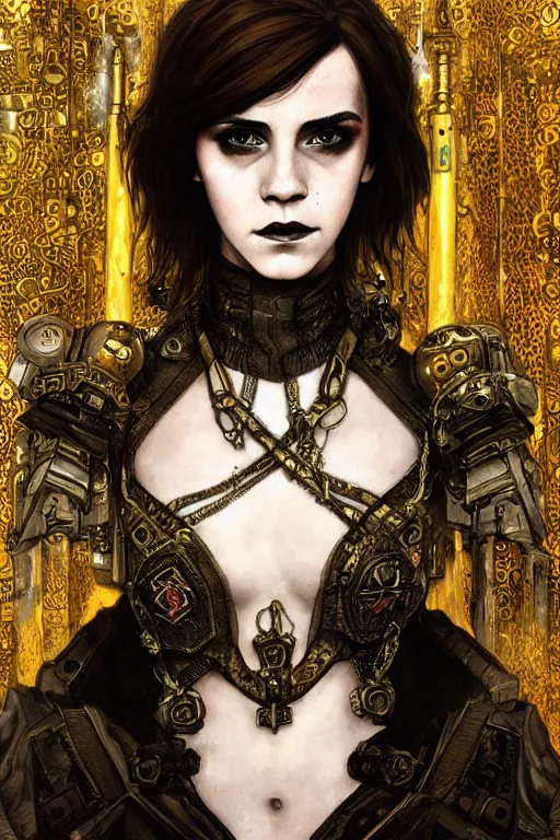 Image similar to beautiful gothic Emma Watson, cyberpunk, Warhammer, highly detailed, artstation, illustration, art by Gustav Klimt