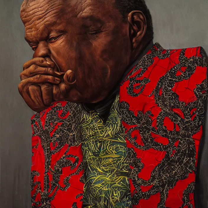 Image similar to a painting of a XXL wise elder from Kenya in a suit by Kehinde Wiley . dramatic angle, ethereal lights, details, smooth, sharp focus, illustration, realistic, cinematic, artstation, award winning, rgb , unreal engine, octane render, cinematic light, macro, depth of field, blur, red light and clouds from the back, highly detailed epic cinematic concept art CG render made in Maya, Blender and Photoshop, octane render, excellent composition, dynamic dramatic cinematic lighting, aesthetic, very inspirational, arthouse.