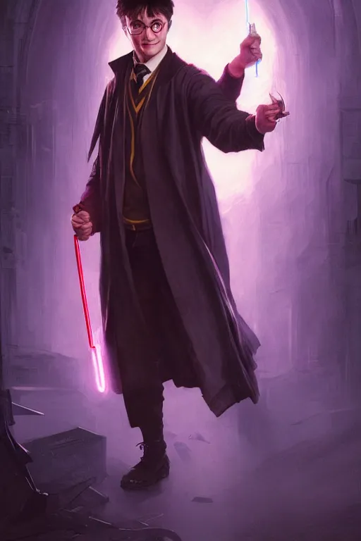 Image similar to portrait of Harry Potter with faciap in cyberpunk, neon lighting, holding laser wand, digital art from artstation by Ruan Jia and Mandy Jurgens and Artgerm and william-adolphe bouguereau and Greg Rutkowski and Wayne Barlowe