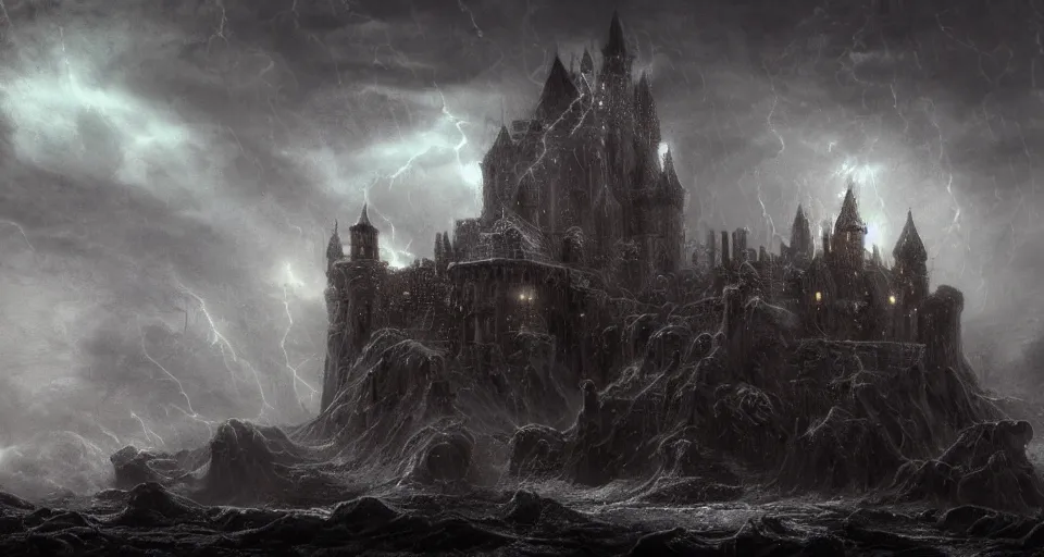 Prompt: lovecraftian eldritch!! castle!! wrapped in clouds on a black desert, snowy, windy, by eugene von guerard, ivan shishkin, night, lightning!!, storm!, dramatic lighting, concept art, trending on artstation, 8 k