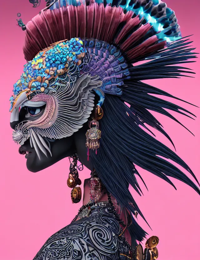 Image similar to 3 d goddess close - up profile portrait punk with mohawk with ram skull. beautiful intricately detailed japanese crow kitsune mask and clasical japanese kimono. betta fish, jellyfish phoenix, bio luminescent, plasma, ice, water, wind, creature, artwork by tooth wu and wlop and beeple and greg rutkowski