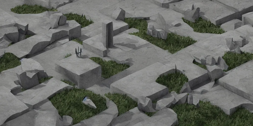 Image similar to 3d painted landscape with a small brutalism monument in the center by james jean, redshift, octane