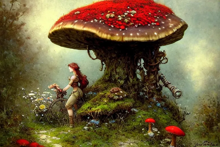 Prompt: nofigure! adventurer ( ( ( ( ( 1 9 5 0 s retro future forrest of giant mushrooms, moss and flowers stone bridge. muted colors. ) ) ) ) ) by jean baptiste monge!!!!!!!!!!!!!!!!!!!!!!!!! chrome red