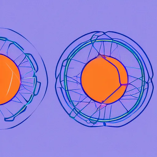 Image similar to a logo design based on hydrogen electron orbitals, radial symmetry, simplistic, orange and purple color scheme