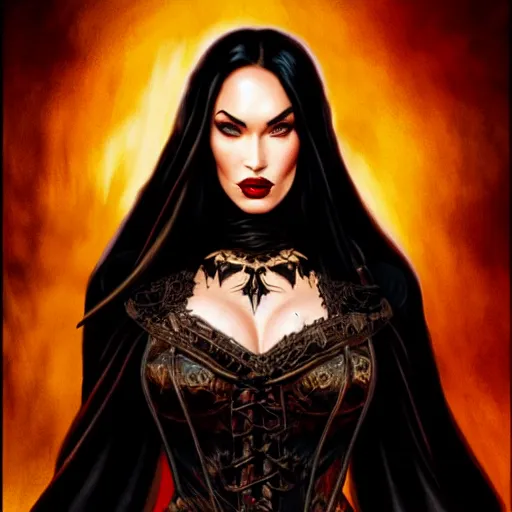 Image similar to megan fox witch queen, black eyes, blood, full body, intricate victorian dress, symmetrical eyes, artgerm, rafael albuquerque, frank frazetta, moody lighting, candles