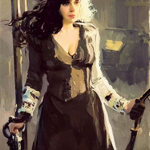 Image similar to zooey deschanel as john snow, intricate, elegant, highly detailed, greg manchess, mucha, liepke, ruan jia, jeffrey catherine jones, ridley scott