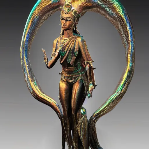 Image similar to a full body madonna statue made of iridiscent metal inspired by the looks of vishnu, very detailed, unreal engine 5, made for an art gallery