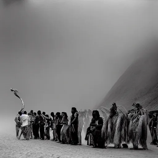 Prompt: an indigenous snake feathered quetzalcoatl shaman guiding a crowd of spiritual healers through sandstorm, sebastiao salgado