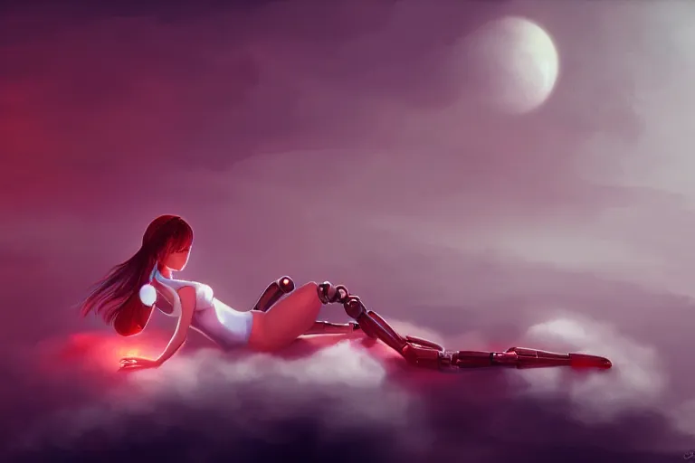 Image similar to a cute robot girl sitting on a cloud relaxing, red lighting, mist, digital art,