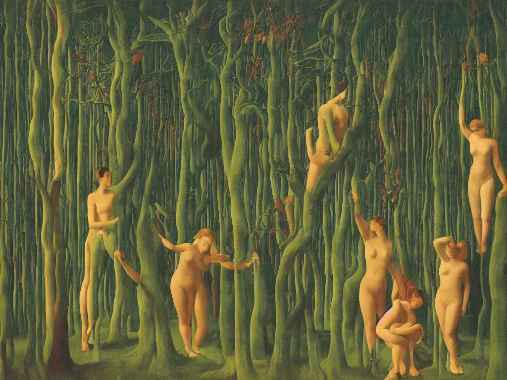 Image similar to The forest of touching lover. Aurora Borealis, ivy. Georges de la Tour, Rene Magritte, Jean Delville, Max Ernst, Maria Sybilla Merian