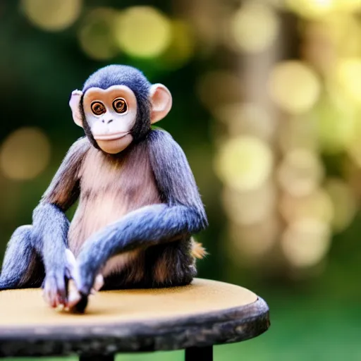 Image similar to a very beautiful stuffed monkey on a table. shallow focus. f 0. 9 5