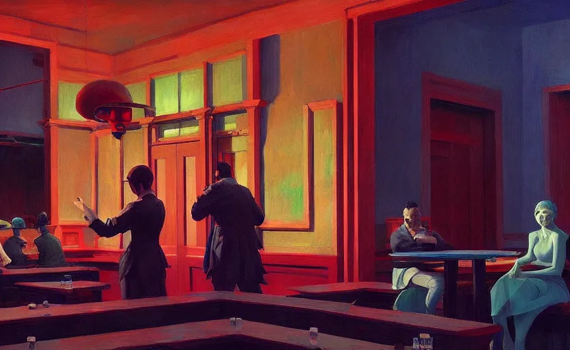 Image similar to Mysteriuos Tavern, very coherent, painted by Edward Hopper, Wayne Barlowe, painted by James Gilleard, airbrush, art by JamesJean