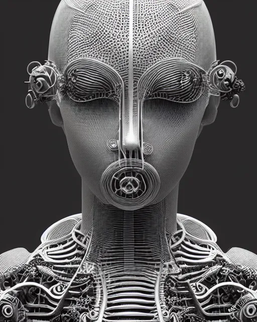 Image similar to mythical black and white organic bio-mechanical spinal ribbed profile face portrait detail of mechanical beautiful female angelic-vegetal-cyborg, highly detailed, intricate steampunk ornate, poetic, 3D render, digital art, octane render, 8K artistic photography, photo-realistic, by Dora Maar