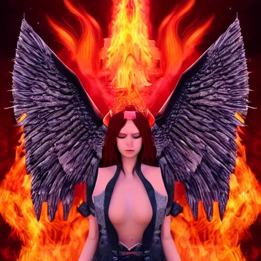 Prompt: woman - unicorn horn hybrid red angel wings, fire, fiery scenery, symmetric portrait, sparky metallic, unreal engine 5, cinematic lights, high detail, fantasy classic digital art, botticelli style