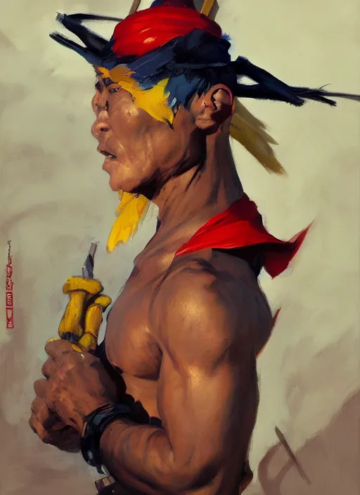 Prompt: greg manchess side portrait of a filipino fighter with a jester hat and a scepter, organic painting, sunny day, matte painting, bold shapes, hard edges, street art, trending on artstation, by huang guangjian, gil elvgren, ruan jia, randy vargas, greg rutkowski