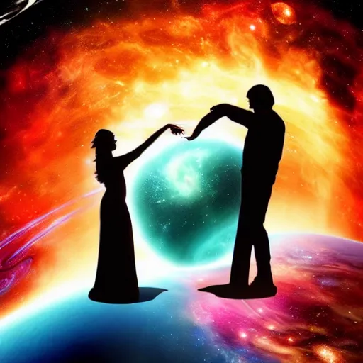 Image similar to beautiful lovers in space couple becoming one, space and time, cosmic planets swirls scifi cover