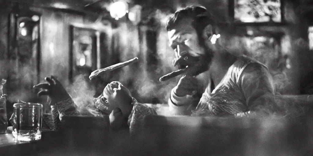 Image similar to a baby with a beard and mustache smoking a cigar in a bar, hyperrealism, cimetic, filmic
