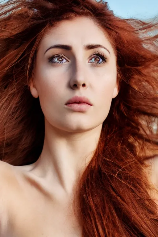 Image similar to olive skinned auburn hair female model in her twenties, wearing a designer top, looking content, focused on her neck, photo realistic, extreme detail skin, natural beauty, no filter, slr, golden hour, 4 k, high definition, selfie