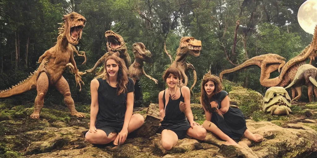 Image similar to photo, three hairy fat cave people, emma!! watson!!, looking at camera, surrounded by dinosaurs!, gigantic forest trees, sitting on rocks, bright moon, birthday cake on the ground, front view