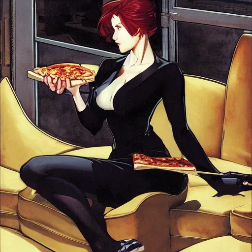 Image similar to attractive female vampire eating a pizza in a bright lounge by y j. c. leyendecker, yoji shinkawa, katayama bokuyo