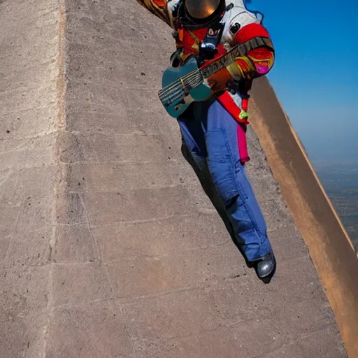 Prompt: an astronaut playing guitar at the Cholula pyramid