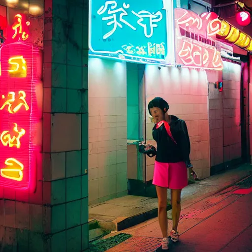 Image similar to capybara drinking bubble tea in cyberpunk, neon, pink and cyan seoul, detailed, street photography