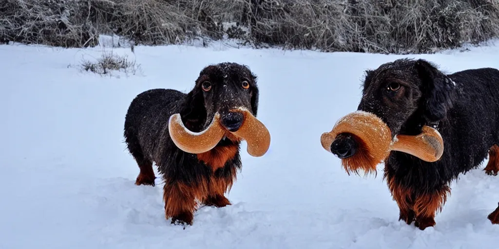 Image similar to Giant woolly dachshund with tusks, in snow