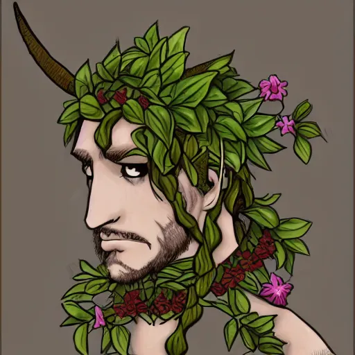 Image similar to male firbolg druid with vines and hibiscus flowers as hair simple drawing, pointy ears, gray skin, dungeons and dragons, comic style