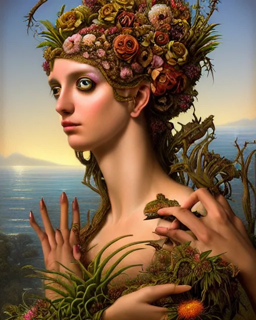 Prompt: portrait of the goddess of decay, unusual beauty, flowers and plants, emotionally evoking symbolic metaphors, head in focus, fantasy, ornamental, intricate, elegant, sensual, highly detailed digital painting, artstation, concept art, painterly, golden ratio, sharp focus, illustration, art by John William Godward and Boris Vallejo and Zdzisław Beksiński,