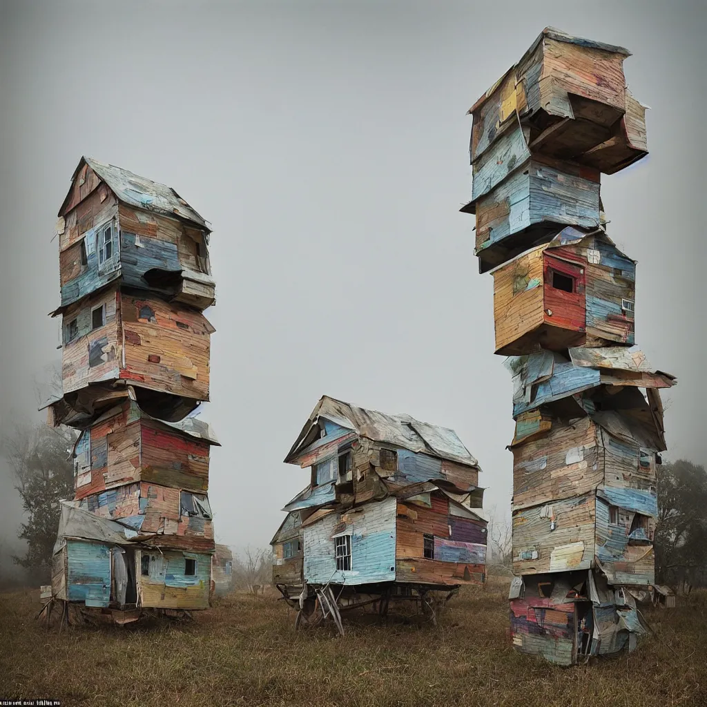 Image similar to towers made up of stacked makeshift squatter shacks with faded colours suspended over a quagmire, plain uniform sky at the back, misty, mamiya, ultra sharp, very detailed, photographed by julie blackmon, cristina de middel and john chiara