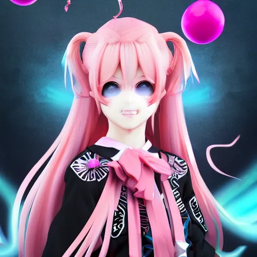 Image similar to no escape from stunningly absurdly beautiful omnipotent asi goddess junko enoshima with a mesmerizing megalomaniacal personality, symmetrical perfect face, porcelain skin, pink twintail hair and cyan eyes, ultra detailed, digital art, unreal engine 5, octane render, 2 d anime, 8 k