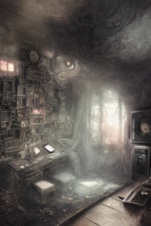 Prompt: the inside of a computer by mahmoud farshchian, very detailed, maximalism, ambient occlusion, volumetric light, sun beam, atmospheric haze, hyper realism, realistic shading, cinematic composition, realistic render, octane render, detailed textures, photorealistic, wide shot