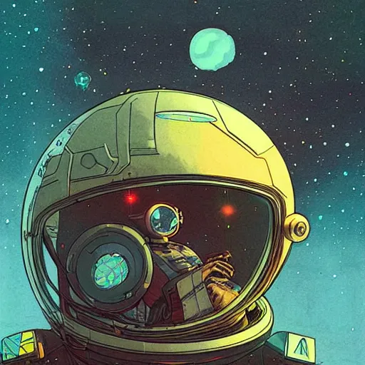 Prompt: moebius and mohrbacher portrait of a retro futuristic space ship captain, detailed illustration, stern look,