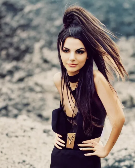 Image similar to victoria justice as a high fashion model, hairs fly in the wind, posing in front of a lava pit, 3 5 mm lens, f / 5. 6