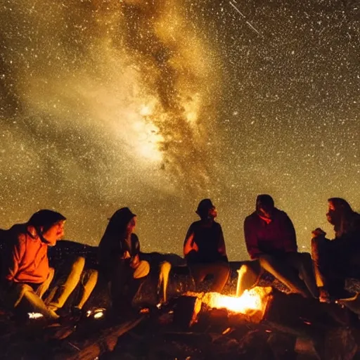 Prompt: A group of friends sit around a campfire, telling stories and laughing, the flames crackling and the stars shining bright overhead, as they enjoy each other's company on a clear night.
