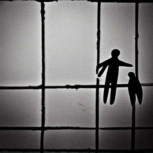 Prompt: photo of two shadowy figures hugging each other, they are in a birdcage, paint is falling off, black and white, 5 0 mm, dark