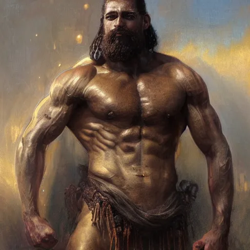 Image similar to handsome portrait of a spartan guy bodybuilder posing, radiant light, caustics, war hero, psychedelic dmt, by gaston bussiere, bayard wu, greg rutkowski, giger, maxim verehin