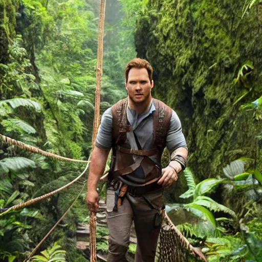 Image similar to Chris Pratt playing India Jones, crossing a rope bridge across a huge chasm in the jungle, machete in hand